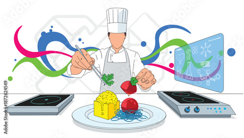 Chef practicing molecular gastronomy, using scientific precision and a futuristic interface to create an innovative and artistic dish.