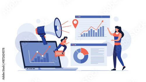 Digital marketing team analyzing campaign data on various dashboards to optimize strategy and announce results through a megaphone.