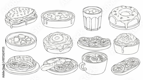 Collection of hand-drawn pastries and drinks in sketch style.