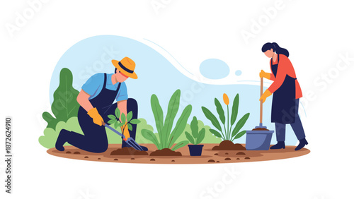 A couple spending quality time together gardening in their backyard, planting new shrubs and tending to their plants in the spring.