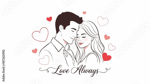 Loving Couple Embracing Surrounded by Hearts Illustration.
