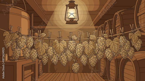 Hops drying in traditional brewery storage room.