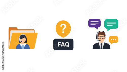 A set of customer service and support icons, including a help desk agent, an FAQ symbol, and a call center operator with a headset.