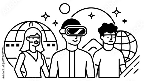 Illustration of people with vr headset and globes in a futuristic virtual reality environment design art on transparent background silhouette