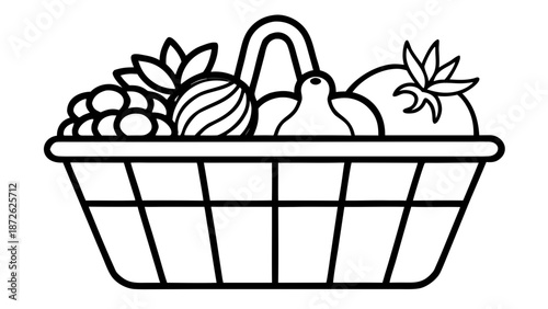 Cuadro en lienzo A simple line drawing of a basket full of grapes, pear, tomato and a striped rou