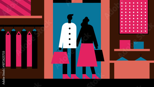 A couple holding shopping bags standing in a store with clothes and shelves in a stylized illustration on transparent background silhouette