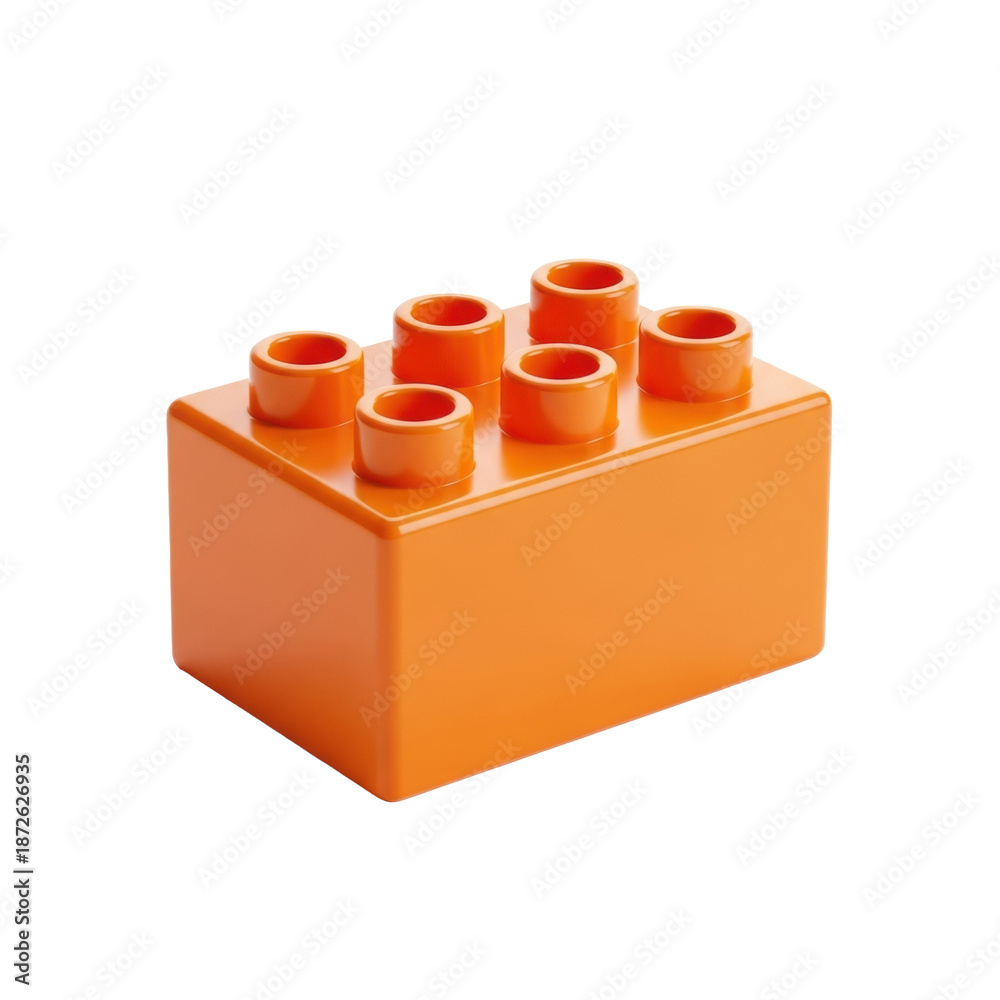 Naklejka premium Vibrant orange toy building block, smooth polished plastic, four studs, on a clean bright white background with ample copy space, soft high-key light and subtle shadows, concept of childhood