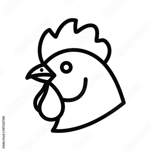 Simple black line drawing of a rooster head with a smile