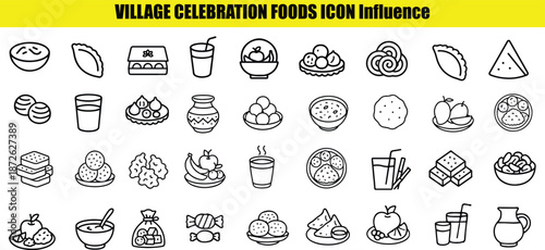 Set of black and white representing various village celebration foods and drinks