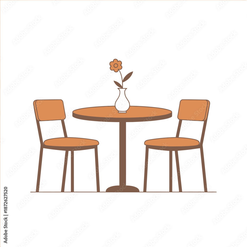 Fototapeta premium Cozy cafe table setting with two chairs and a small flower vase, minimalist flat illustration.
