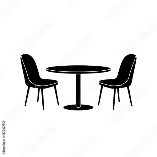 Minimalist black silhouette of a round table with two chairs on a white background, simple design.