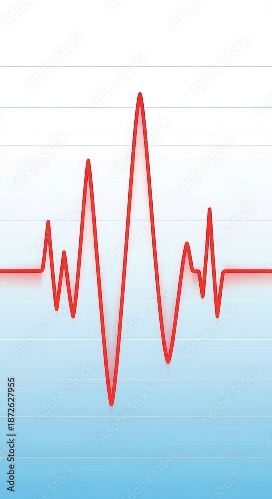 Fototapeta premium Vibrant red cardiogram tracing displays fluctuating electrical activity against a light blue gradient background.