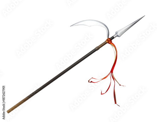 A composite weapon, a spear and sickle hybrid, features a long wooden shaft, a spearhead, and a curved blade