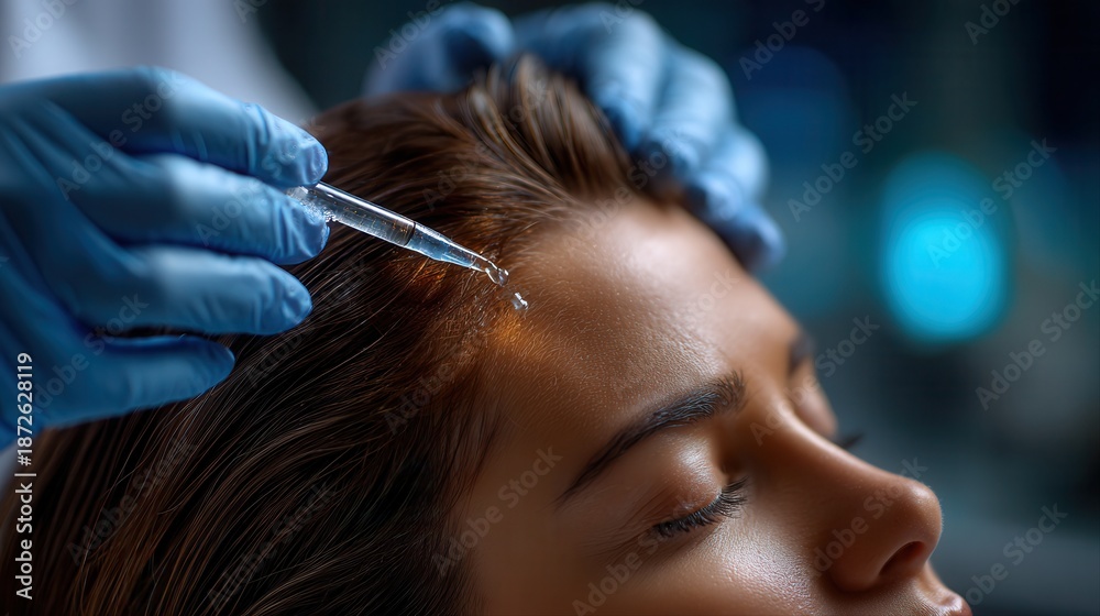 Obraz premium Woman receiving hair restoration treatment with syringe