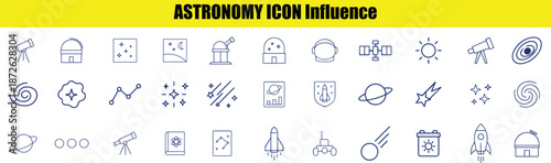 Set of astronomy featuring telescopes, planets, rockets, and space exploration symbols in