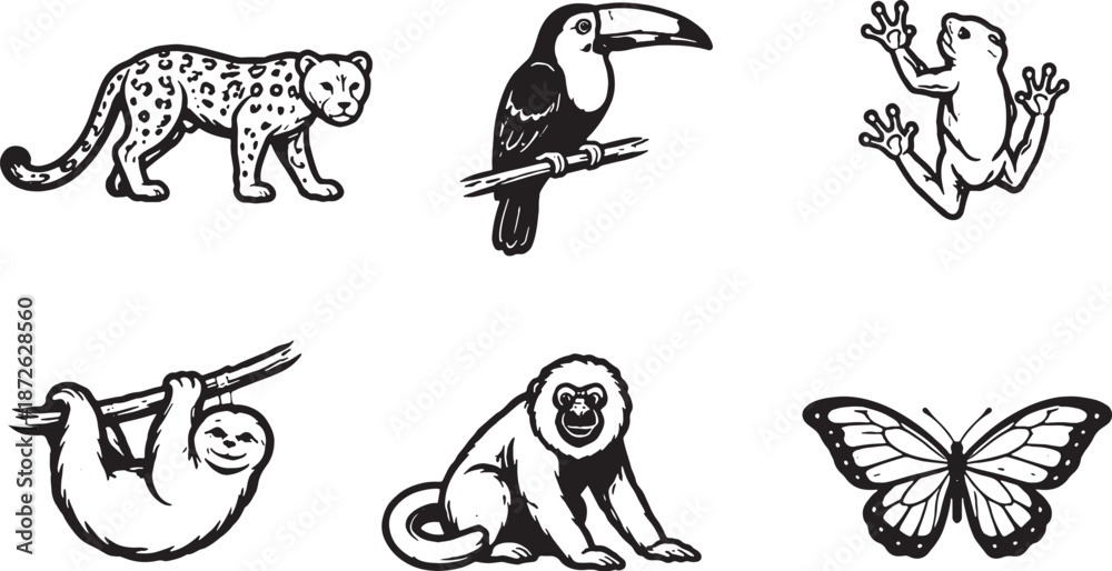 Fototapeta premium Tropical rainforest animals black and white line art icon set eps
