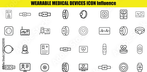 Assorted black and white line depicting various wearable medical devices and health