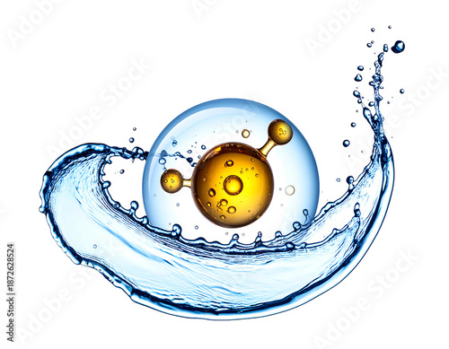 A conceptual depiction with a golden spherical molecule contained within a blue bubble, encircled by a water splash