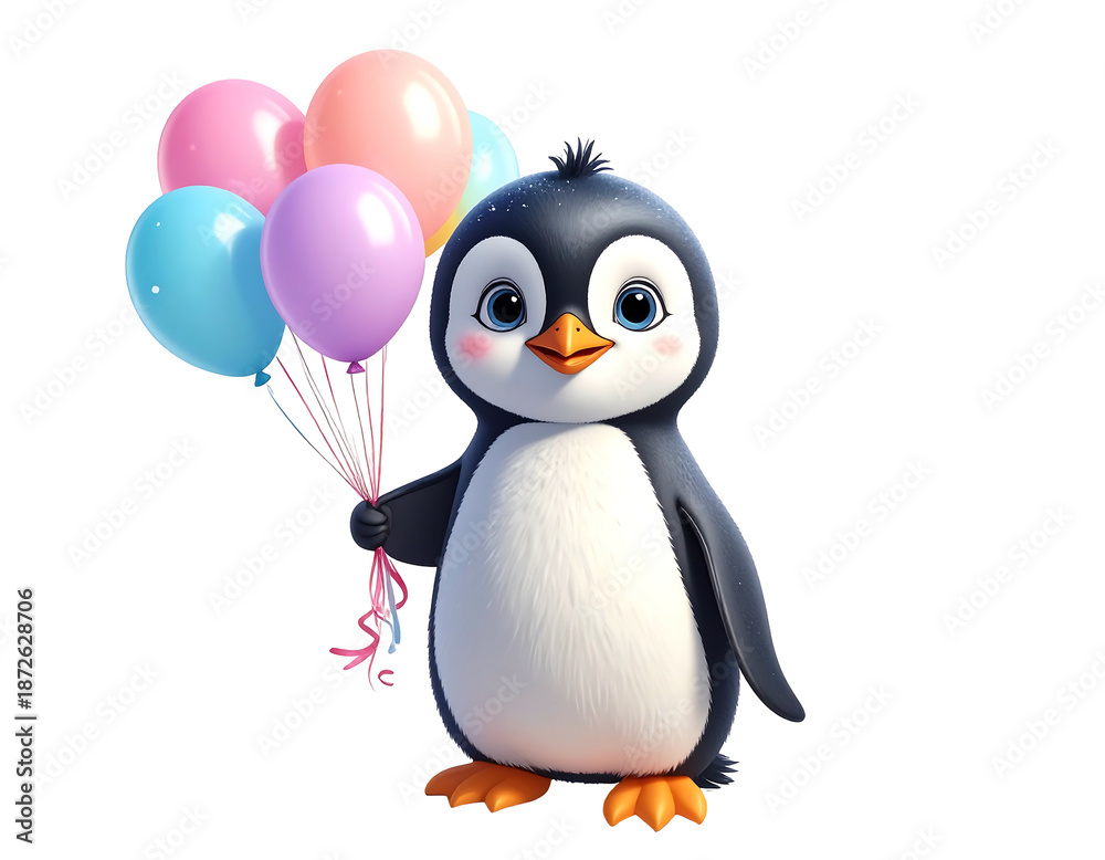 Obraz premium A cute cartoon penguin with rosy cheeks holds a bunch of colorful balloons against a black background