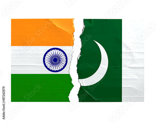 A conceptual image showing the flags of two nations split down the middle with a jagged tear, symbolizing division