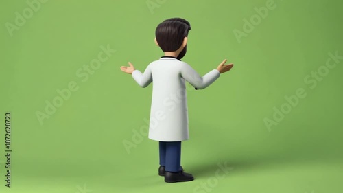 Friendly doctor presenting information with open arms in medical uniform