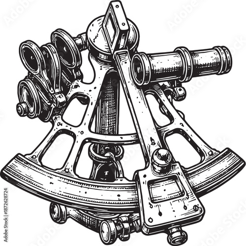 Obraz na plátne Antique Nautical Sextant Black and White Line Art Icon eps