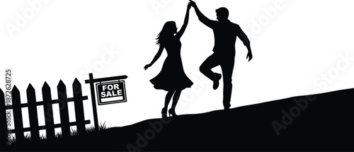 Happy couple dancing near new home, real estate purchase celebration concept, love and lifestyle symbol, family dream house illustration, black and white vector design