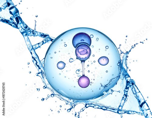 A conceptual illustration showing a molecule structure enveloped in a water splash against a black background