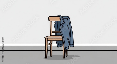 Simple illustration depicts a single wooden chair with a blue garment draped over its backrest