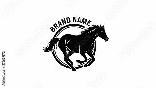 Silhouette of a running horse inside a circle with brand name text.