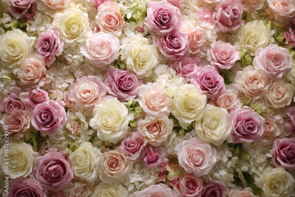 Obraz premium Close-up of wall of soft roses in hues of pink, cream and purple