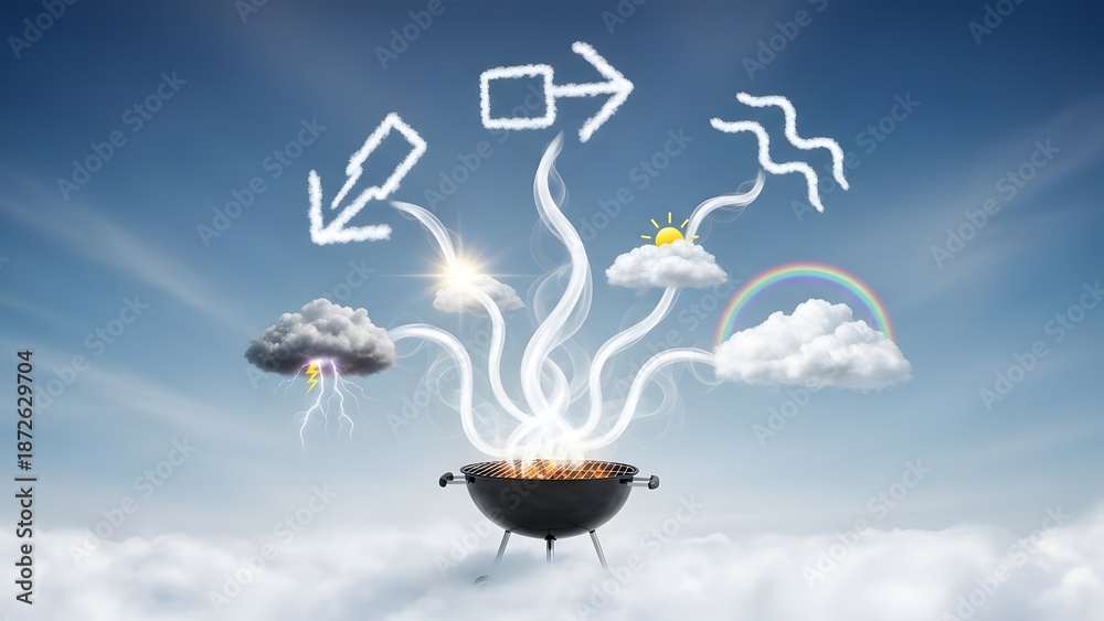 Obraz premium Creative concept of a barbecue grill with smoke forming weather forecast symbols, sun, rain, and lightning in a blue sky