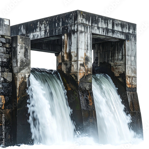 A concrete structure, possibly a dam, with two openings. Water cascades powerfully from the apertures, creating a dynamic visual
