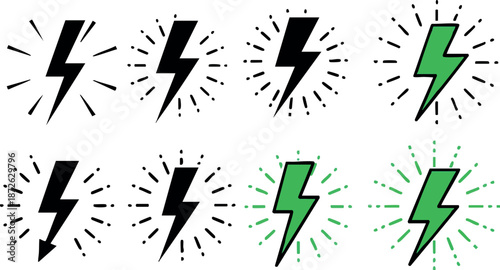 Lightning bolt icons set with green and black colors energy symbols in vector format for design and technology projects