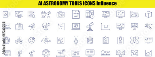 A set of minimalist representing AI astronomy tools and concepts with space exploration