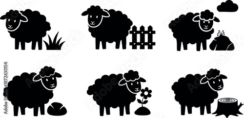 Black sheep vector set with natural elements grass fence flower and cloud icons collection