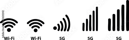 Wi-Fi and 5G Network Signal Strength Bars Vector Icons Showing Connectivity Levels and Wireless Technology Symbols