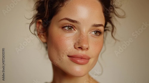 Young woman with natural makeup and clean skin looking directly at camera.