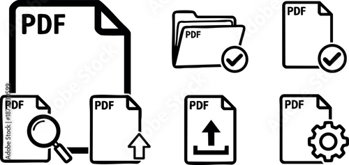 PDF document icons set with magnifying glass upload gear checkmark simple line style vector design