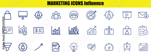 Collection of blue line representing various marketing and business concepts on a white