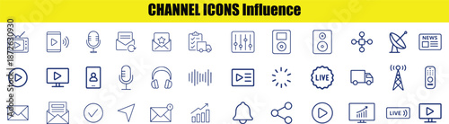 Set of blue line representing various communication and media channels on a white background