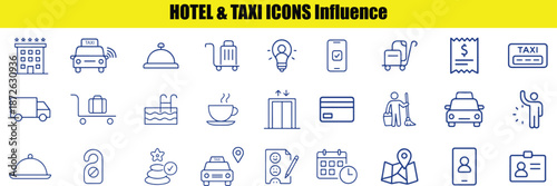 Collection of blue line representing various hotel and taxi services on a white background