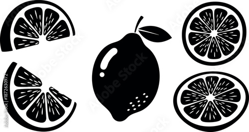 Lemon fruit slices and whole lemon vector illustration in black silhouette style for design and decoration purposes