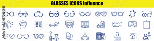 Set of various glasses including sunglasses, reading glasses, and virtual reality headsets