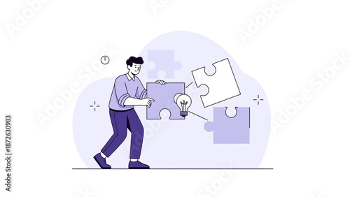 Man assembling puzzle pieces with lightbulb representing idea and solution
