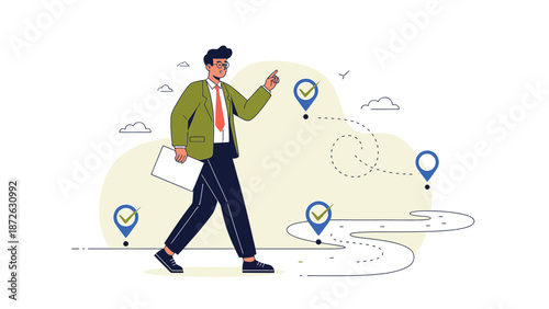 Man walking on a path with location pins, pointing forward, business concept