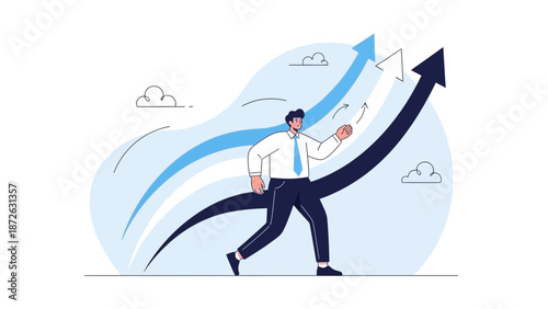 Businessman running up upward arrows, career growth, success concept, flat illustration