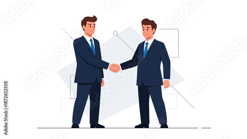 Two businessmen in suits shaking hands, agreement, partnership, business deal concept.