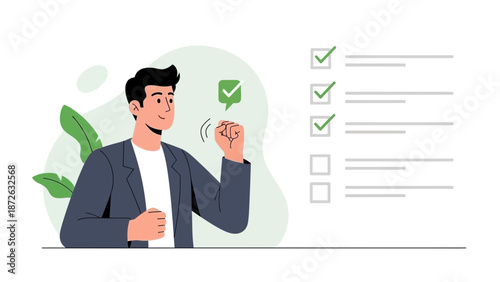Man celebrating successful task completion, checking off items on a list.
