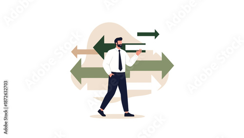 Man choosing direction, multiple arrows pointing different ways, decision making